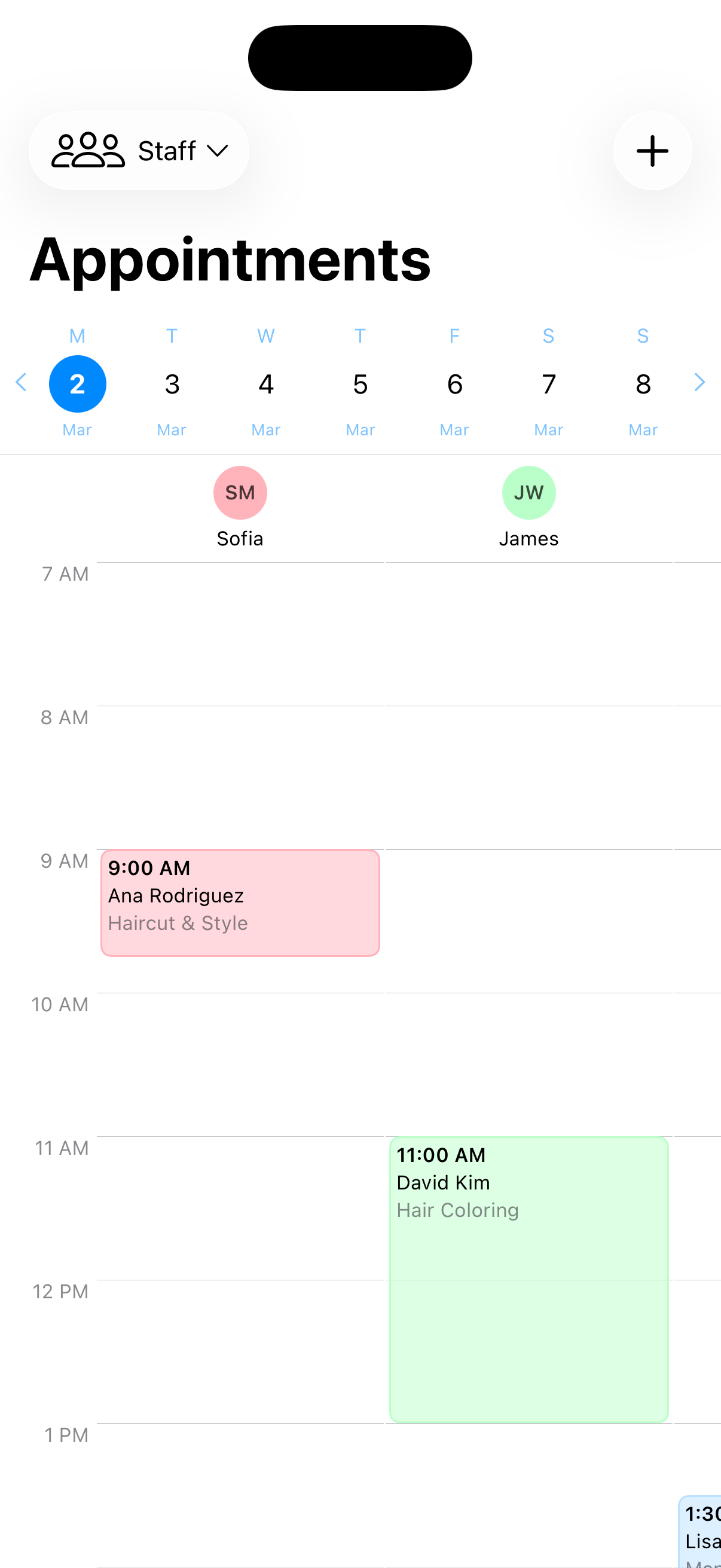 GlowCheck app — appointments view